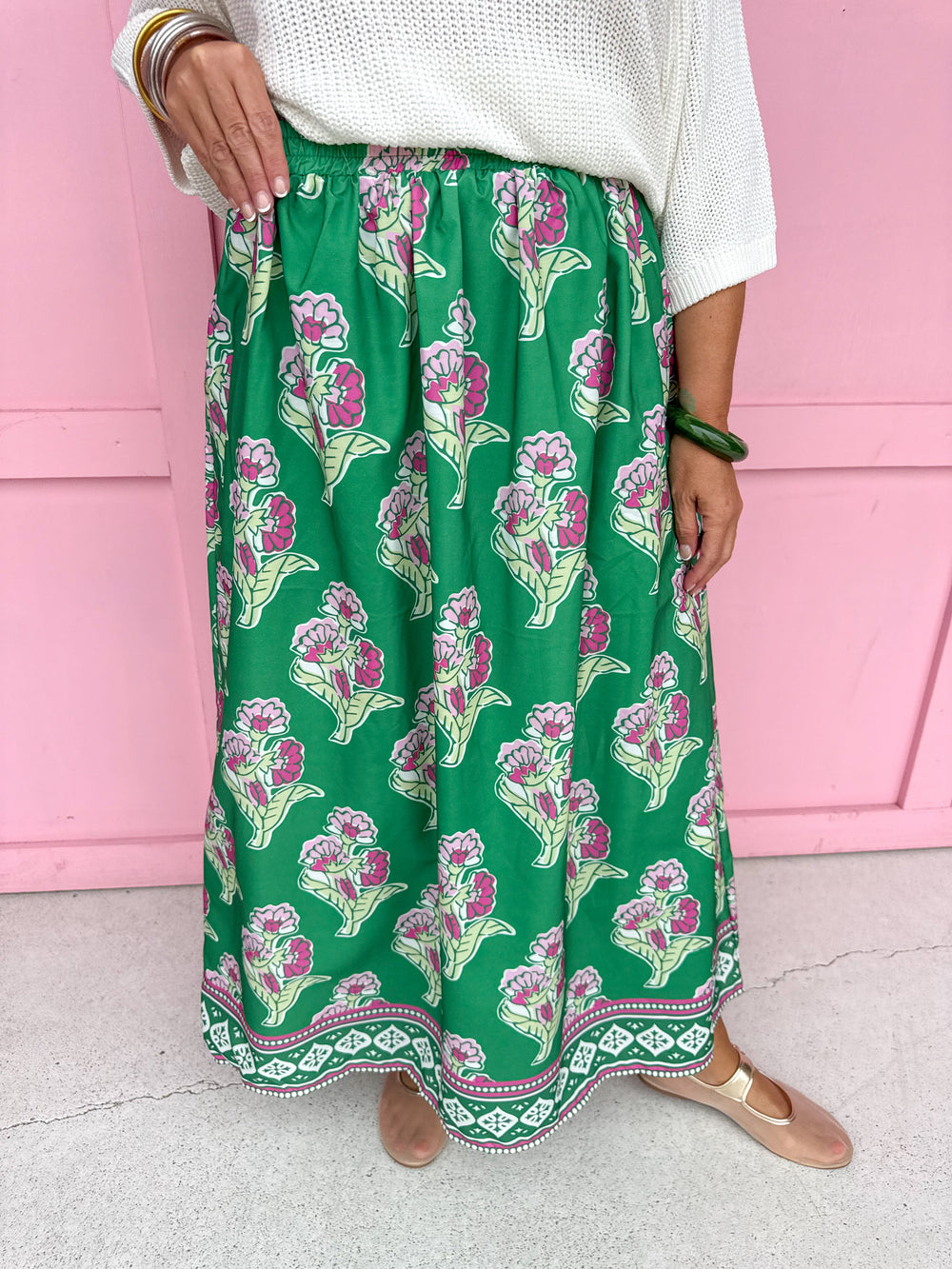 Jincy's Womens Boutique Fall Green and Pink Floral Midi Maxi Skirt Elastic Waistband Everyday Wear First Of Fall Collection Entro CS4073