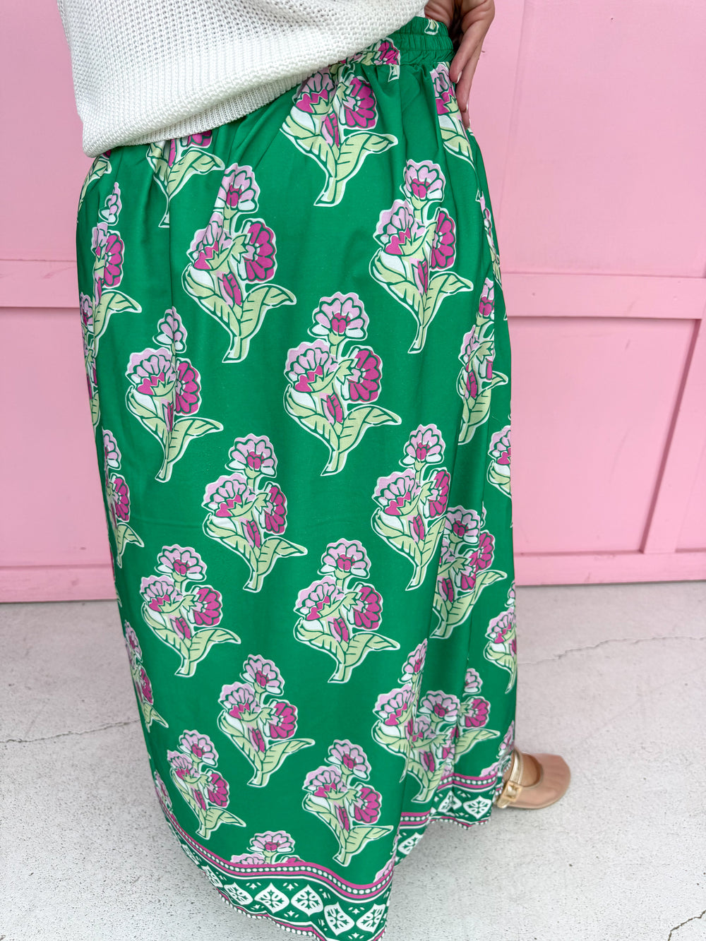 Jincy's Womens Boutique Fall Green and Pink Floral Midi Maxi Skirt Elastic Waistband Everyday Wear First Of Fall Collection Entro CS4073