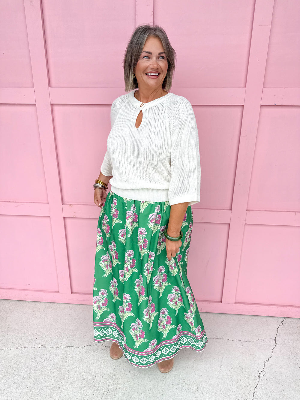 Jincy's Womens Boutique Fall Green and Pink Floral Midi Maxi Skirt Elastic Waistband Everyday Wear First Of Fall Collection Entro CS4073