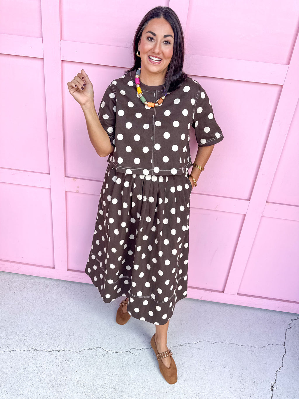 Jincy's Womens Boutique Fall Two Piece Polka Dot Top & Skirt Set Espresso Entro T31450