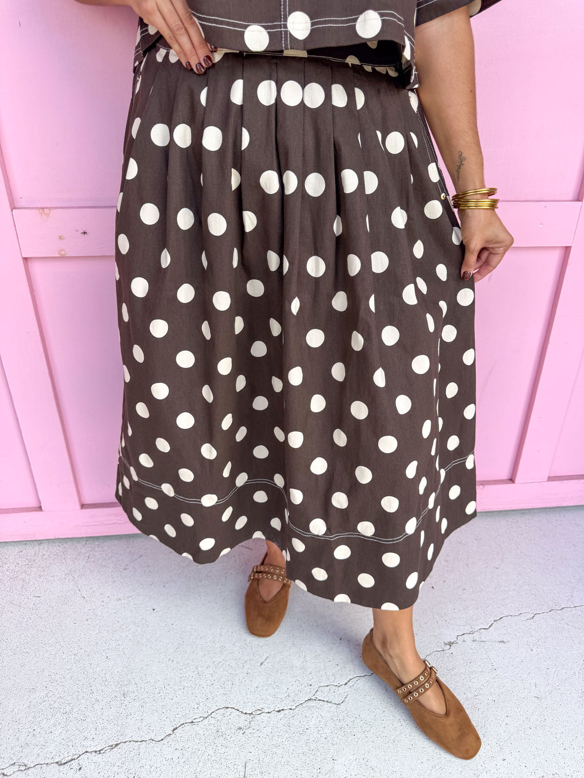 Jincy's Womens Boutique Fall Two Piece Polka Dot Top & Skirt Set Espresso Entro T31450