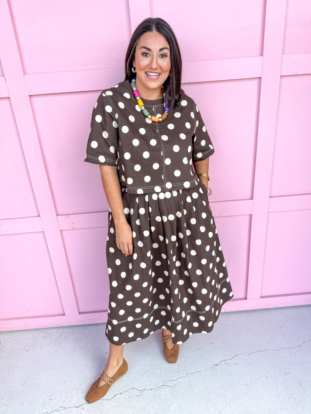Jincy's Womens Boutique Fall Two Piece Polka Dot Top & Skirt Set Espresso Entro T31450