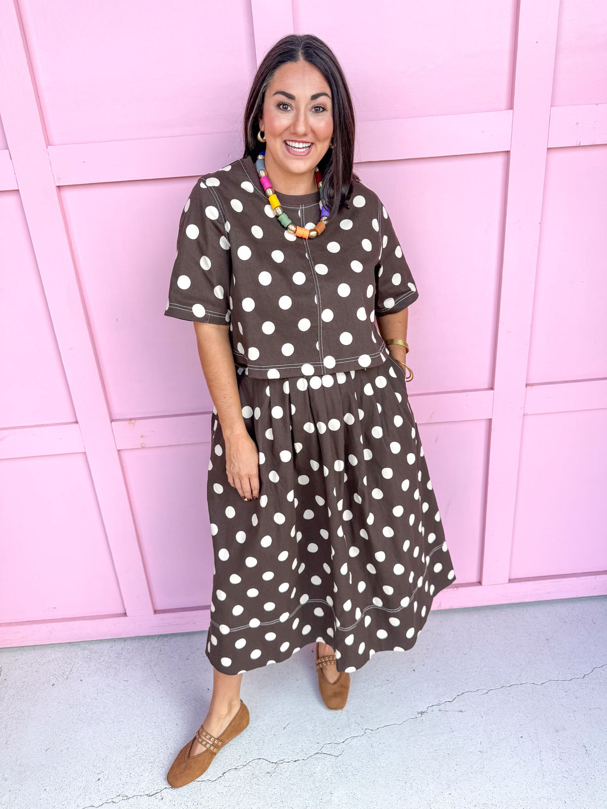 Jincy's Womens Boutique Fall Two Piece Polka Dot Top & Skirt Set Espresso Entro T31450