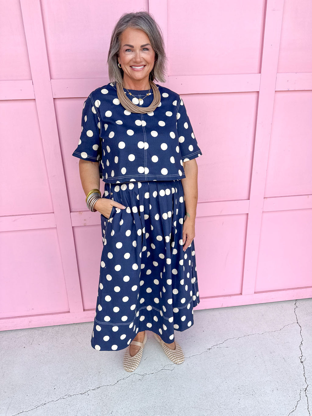 Jincy's Womens Boutique Fall Two Piece Polka Dot Top & Skirt Set Navy Entro T31450