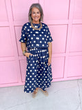 Jincy's Womens Boutique Fall Two Piece Polka Dot Top & Skirt Set Navy Entro T31450