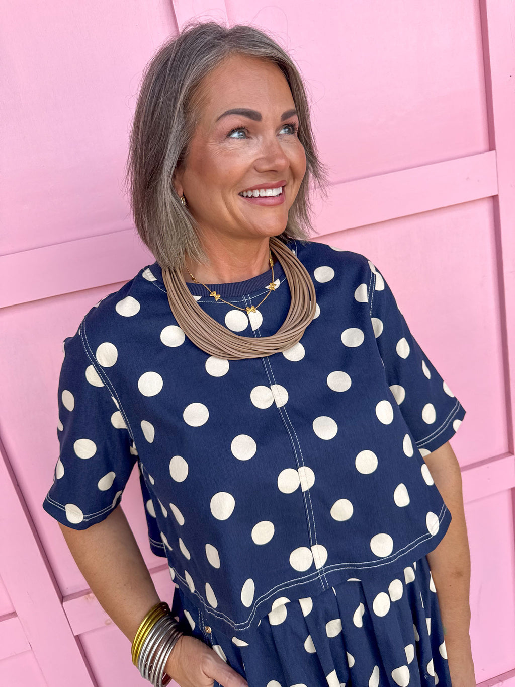 Jincy's Womens Boutique Fall Two Piece Polka Dot Top & Skirt Set Navy Entro T31450