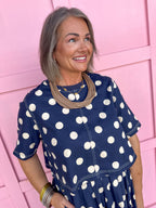 Jincy's Womens Boutique Fall Two Piece Polka Dot Top & Skirt Set Navy Entro T31450
