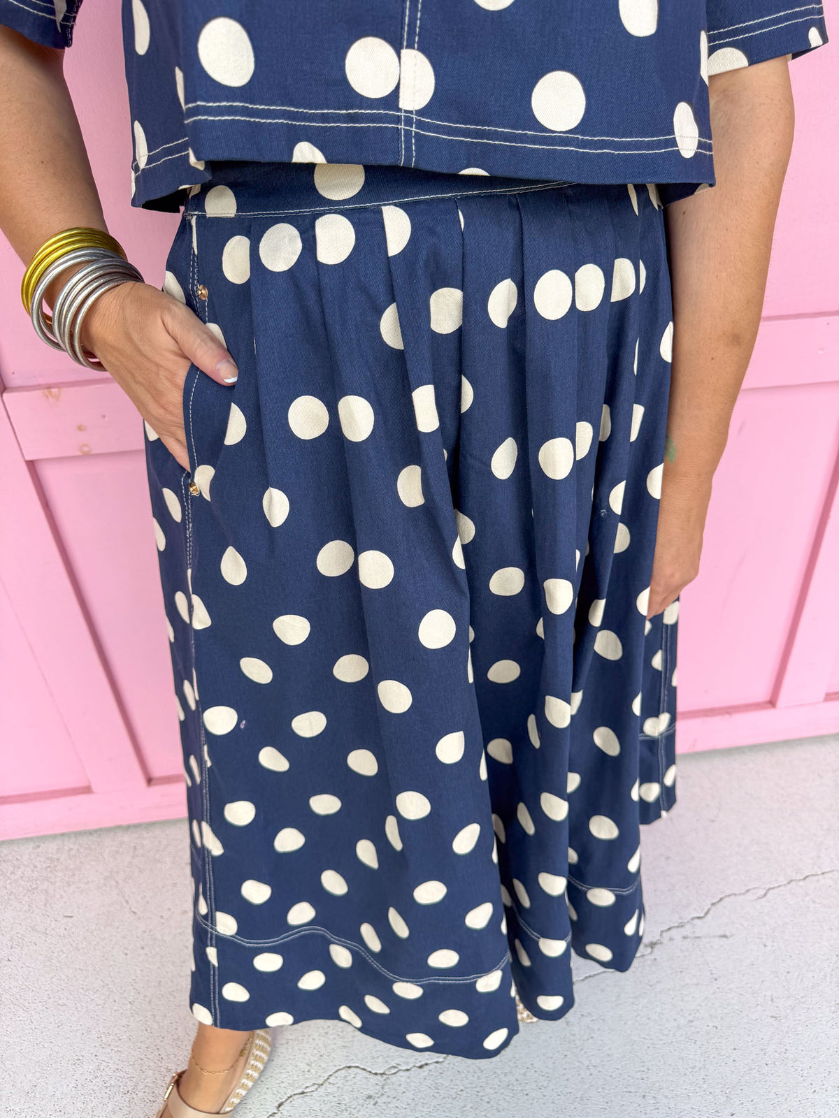 Jincy's Womens Boutique Fall Two Piece Polka Dot Top & Skirt Set Navy Entro T31450