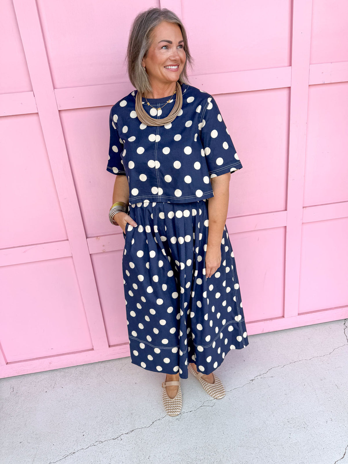 Jincy's Womens Boutique Fall Two Piece Polka Dot Top & Skirt Set Navy Entro T31450