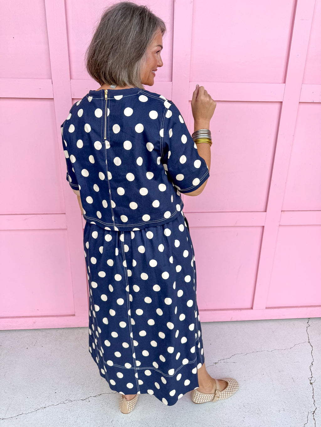 Jincy's Womens Boutique Fall Two Piece Polka Dot Top & Skirt Set Navy Entro T31450