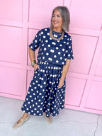 Jincy's Womens Boutique Fall Two Piece Polka Dot Top & Skirt Set Navy Entro T31450