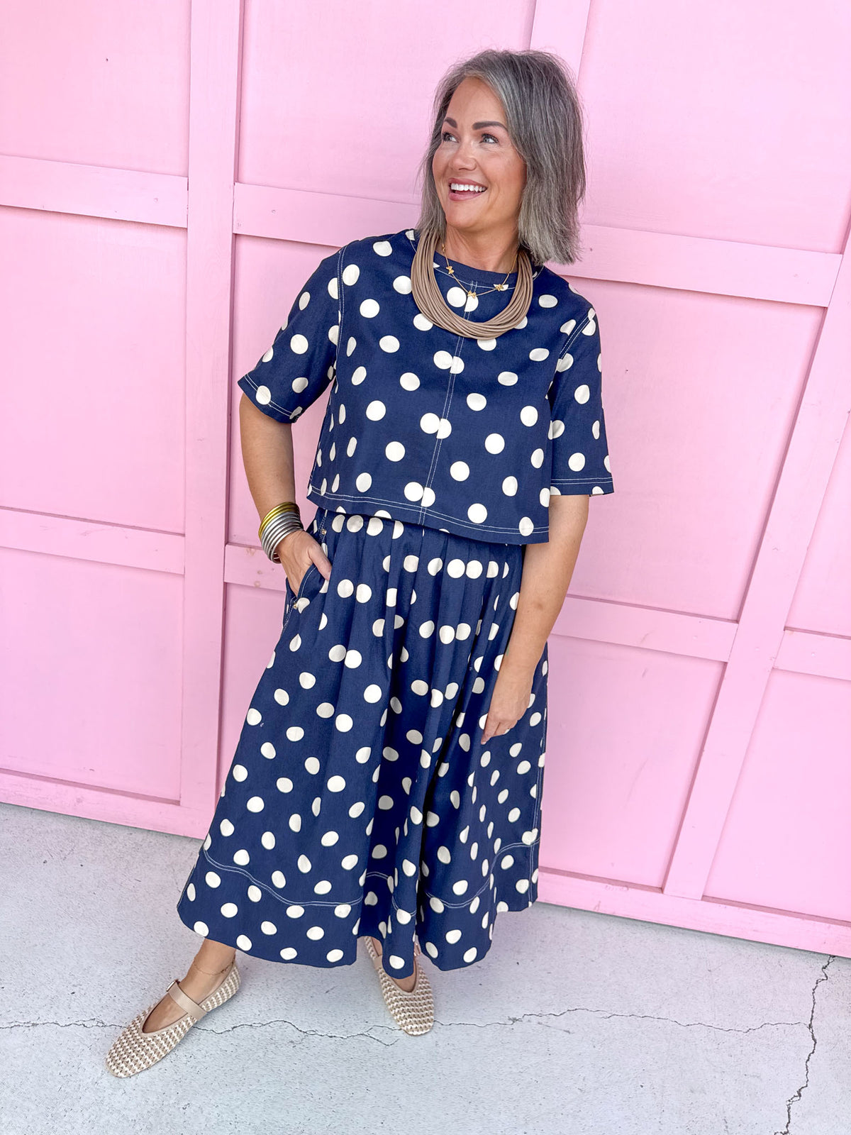 Jincy's Womens Boutique Fall Two Piece Polka Dot Top & Skirt Set Navy Entro T31450