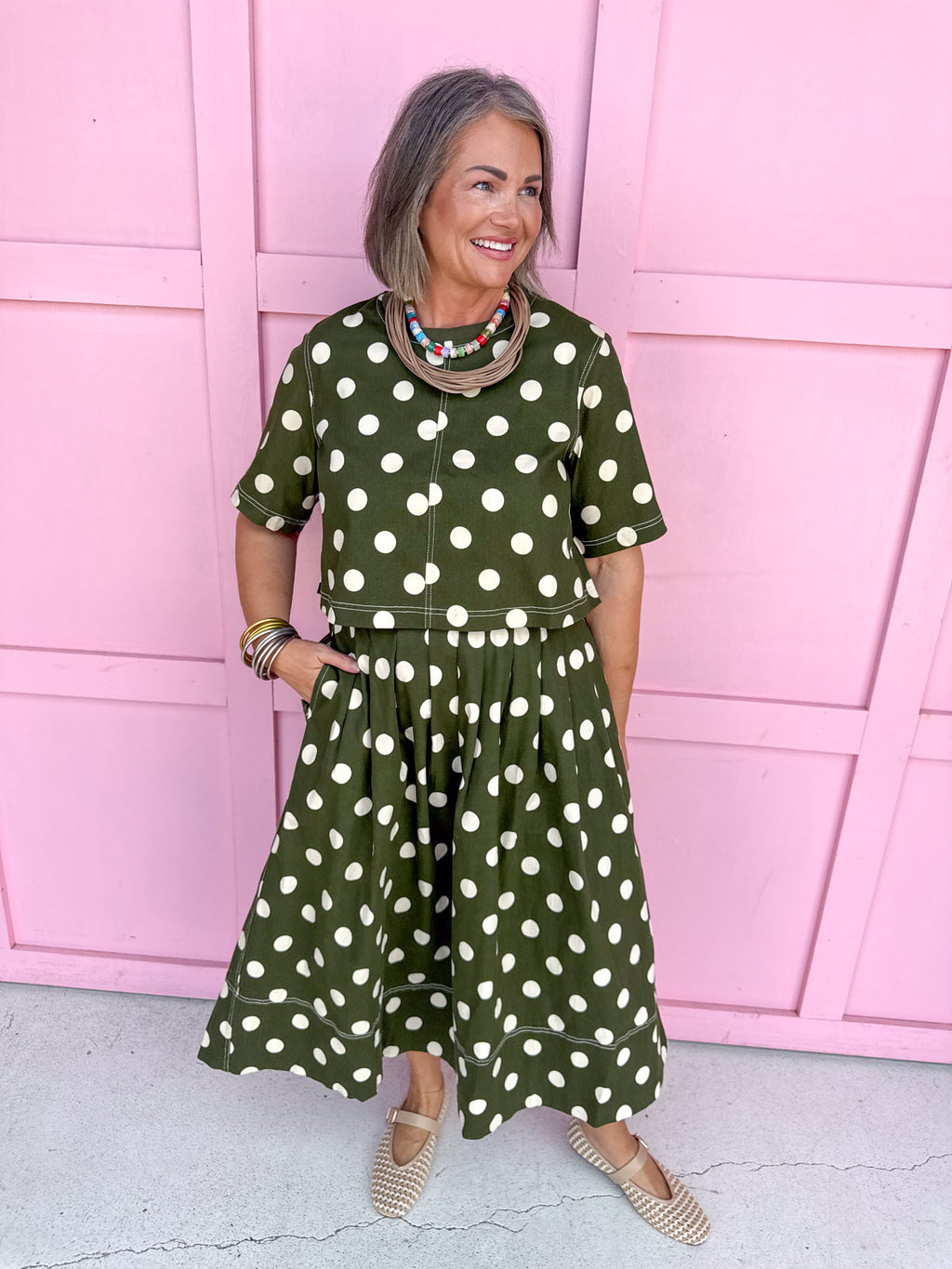 Jincy's Womens Boutique Fall Two Piece Polka Dot Top & Skirt Set olive Entro T31450