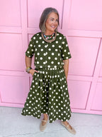 Jincy's Womens Boutique Fall Two Piece Polka Dot Top & Skirt Set olive Entro T31450