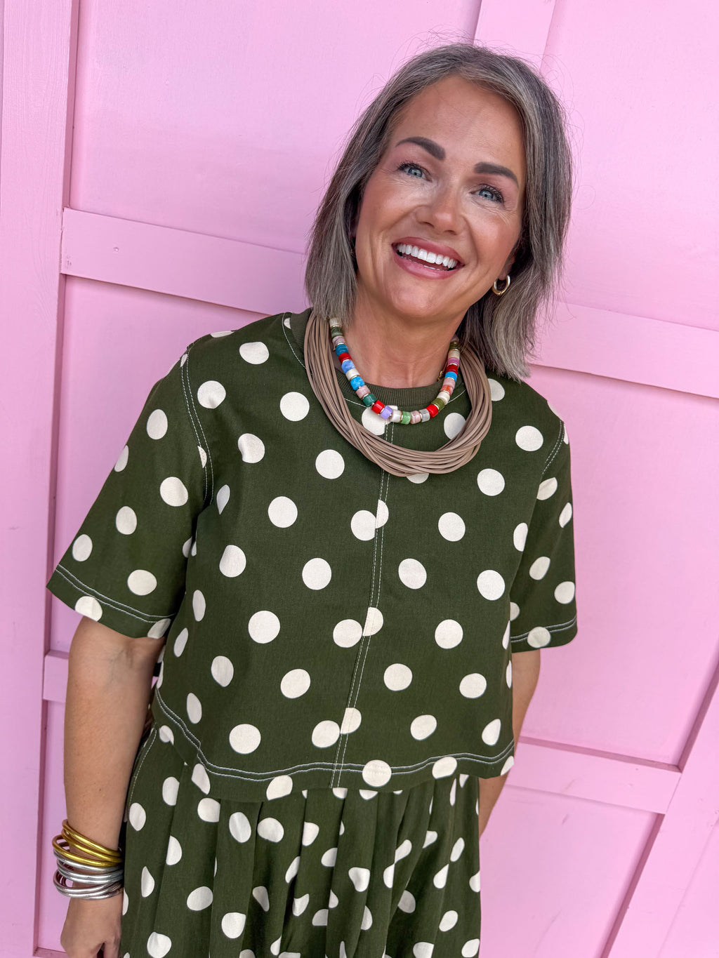 Jincy's Womens Boutique Fall Two Piece Polka Dot Top & Skirt Set olive Entro T31450