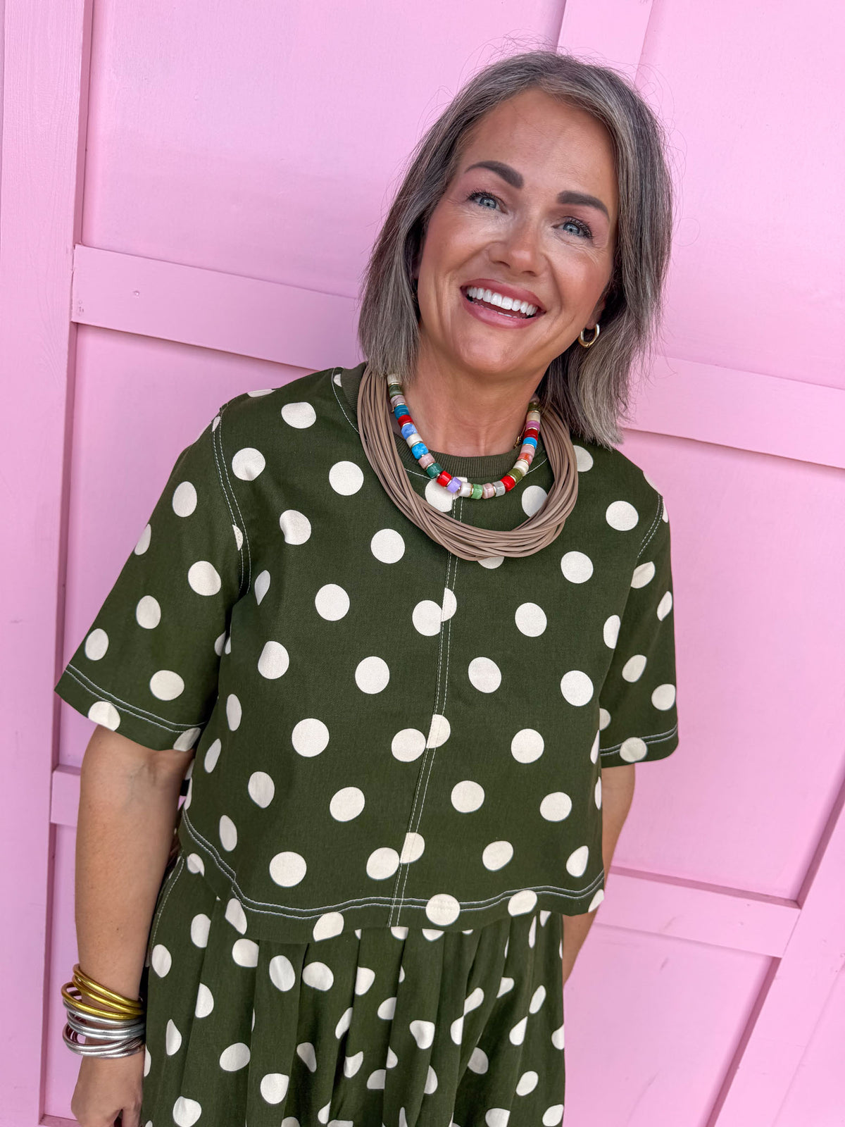 Jincy's Womens Boutique Fall Two Piece Polka Dot Top & Skirt Set olive Entro T31450