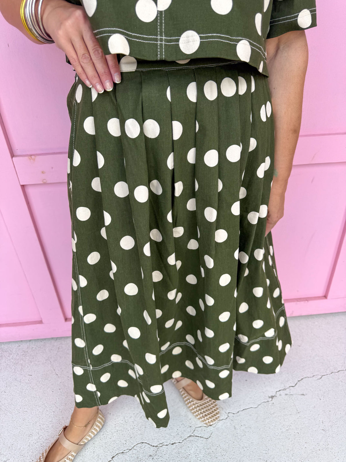 Jincy's Womens Boutique Fall Two Piece Polka Dot Top & Skirt Set olive Entro T31450