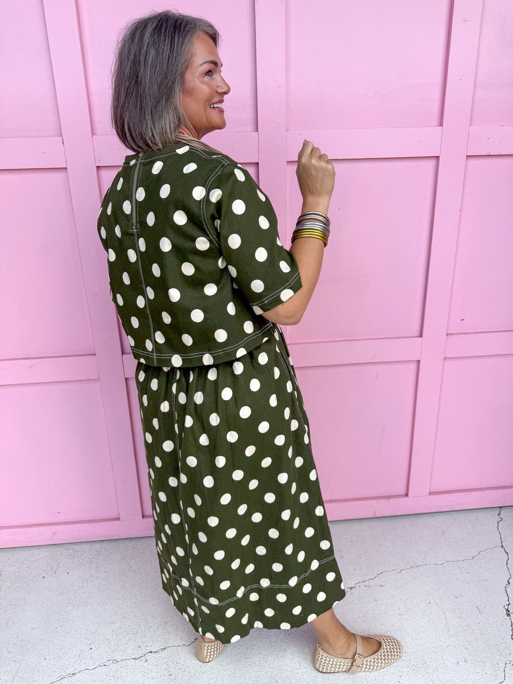 Jincy's Womens Boutique Fall Two Piece Polka Dot Top & Skirt Set olive Entro T31450