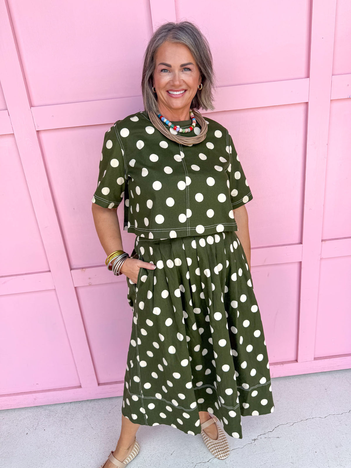 Jincy's Womens Boutique Fall Two Piece Polka Dot Top & Skirt Set olive Entro T31450