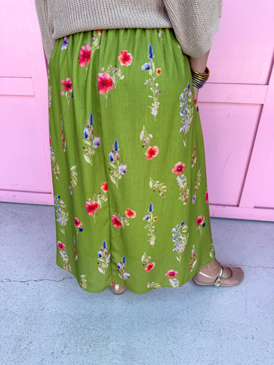 Jincy's Womens Boutique Green Floral Maxi Midi Skirt Chic Chartreuse Collection Everyday Wear Polagram PSK5339-AA-1