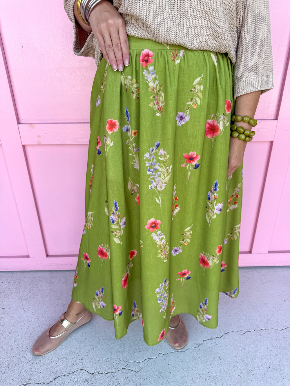 Jincy's Womens Boutique Green Floral Maxi Midi Skirt Chic Chartreuse Collection Everyday Wear Polagram PSK5339-AA-1
