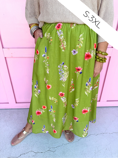 Jincy's Womens Boutique Green Floral Maxi Midi Skirt Chic Chartreuse Collection Everyday Wear Polagram PSK5339-AA-1