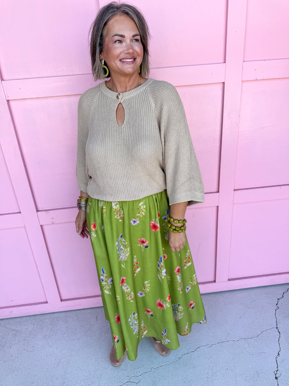 Jincy's Womens Boutique Green Floral Maxi Midi Skirt Chic Chartreuse Collection Everyday Wear Polagram PSK5339-AA-1