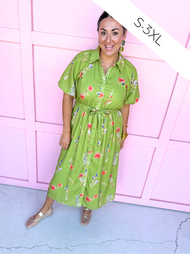 Jincy's Womens Boutique Green Floral Midi Maxi Dress Chic Chartreuse Collection Pologram PSD5495