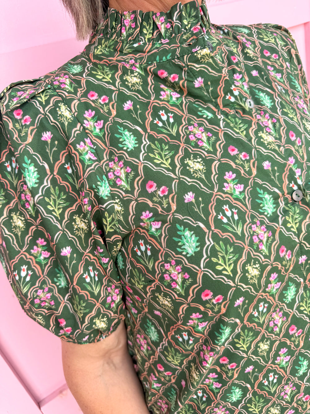 Jincy's Womens Boutique Green Pink & Blue Green Floral Trellis Puff Sleeve Midi Maxi Dress First Of Fall Collection Entro D32071