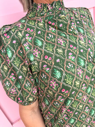 Jincy's Womens Boutique Green Pink & Blue Green Floral Trellis Puff Sleeve Midi Maxi Dress First Of Fall Collection Entro D32071