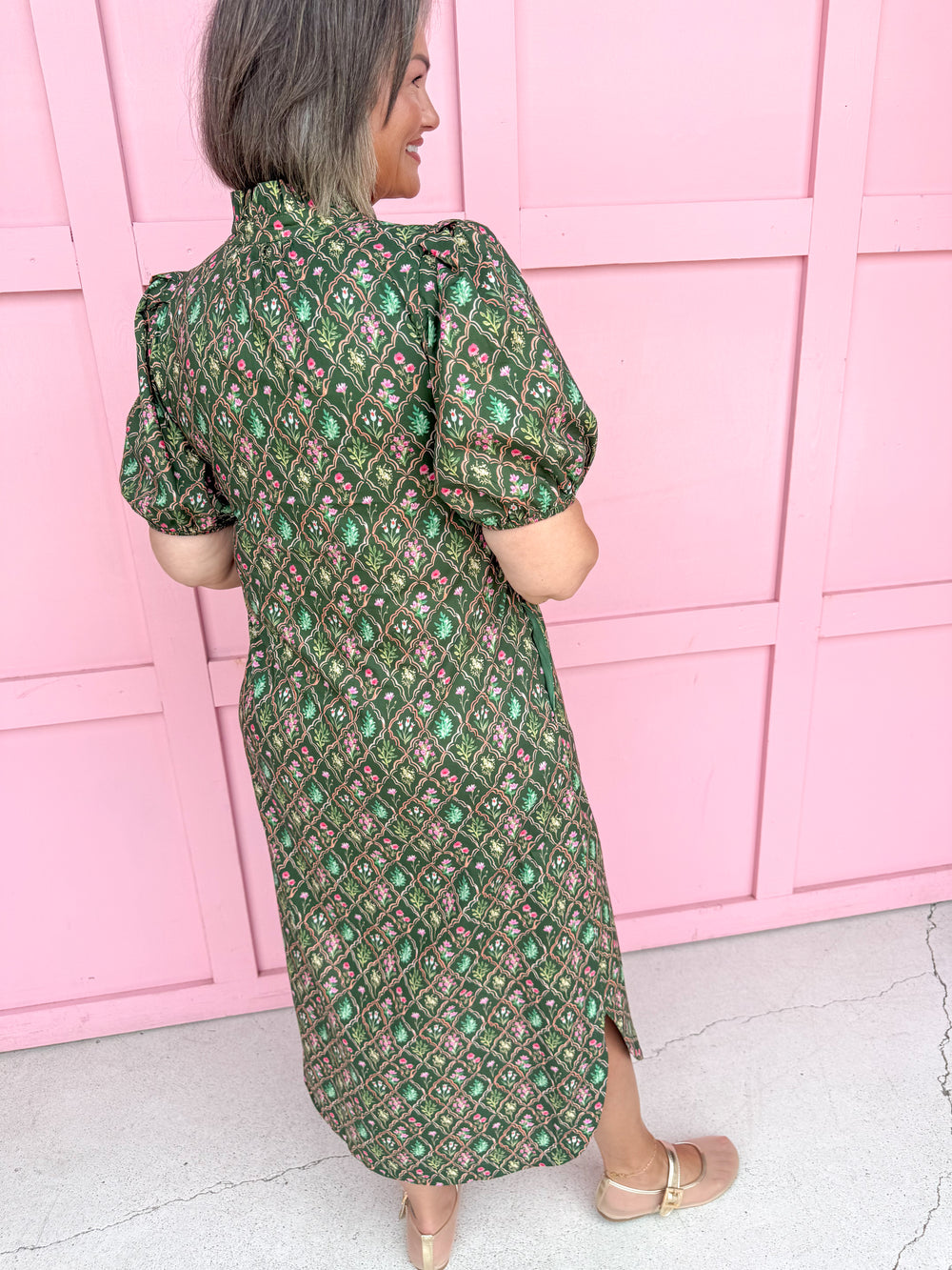 Jincy's Womens Boutique Green Pink & Blue Green Floral Trellis Puff Sleeve Midi Maxi Dress First Of Fall Collection Entro D32071