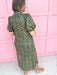 Jincy's Womens Boutique Green Pink & Blue Green Floral Trellis Puff Sleeve Midi Maxi Dress First Of Fall Collection Entro D32071