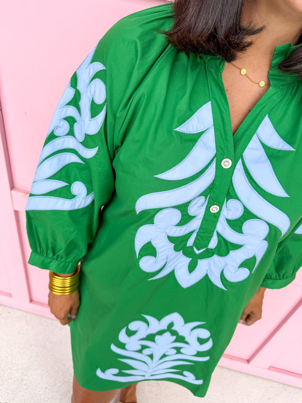 Jincy's Womens Boutique Green Straight Fit Dress with Blue Aplique Embroidery  First Of Fall Collection Jodifl G15266
