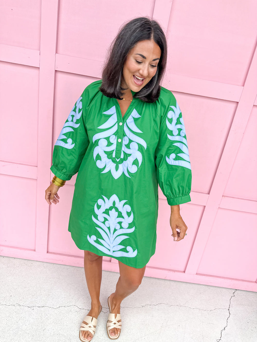Jincy's Womens Boutique Green Straight Fit Dress with Blue Aplique Embroidery  First Of Fall Collection Jodifl G15266