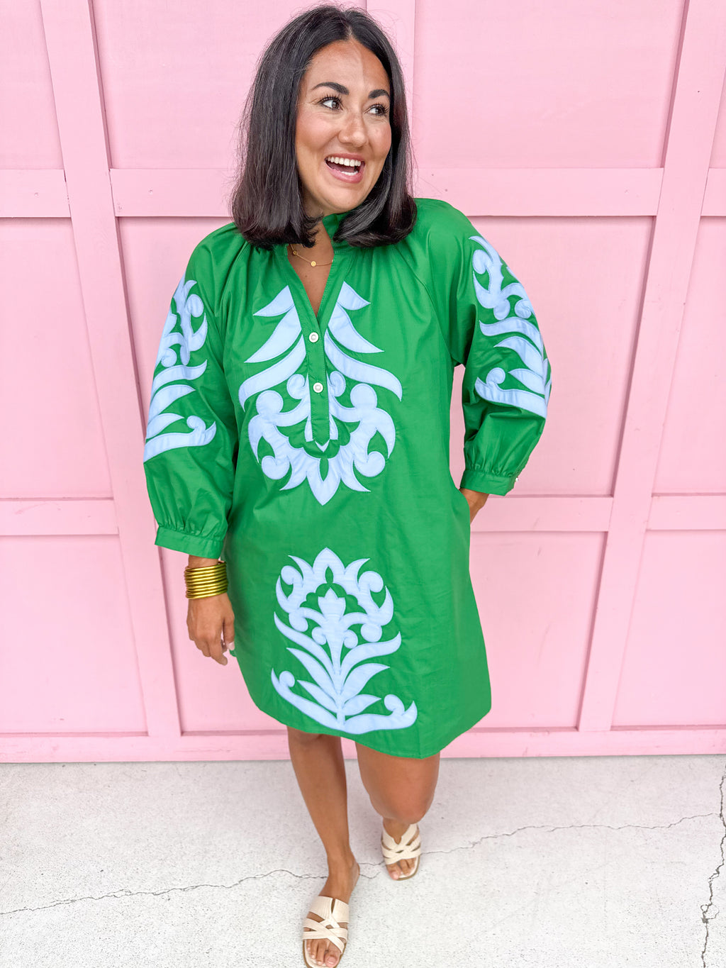 Jincy's Womens Boutique Green Straight Fit Dress with Blue Aplique Embroidery  First Of Fall Collection Jodifl G15266