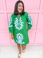 Jincy's Womens Boutique Green Straight Fit Dress with Blue Aplique Embroidery  First Of Fall Collection Jodifl G15266