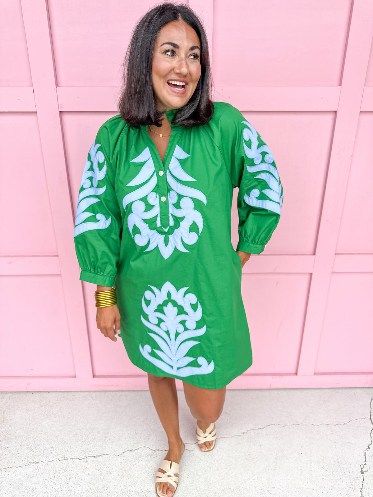 Jincy's Womens Boutique Green Straight Fit Dress with Blue Aplique Embroidery  First Of Fall Collection Jodifl G15266