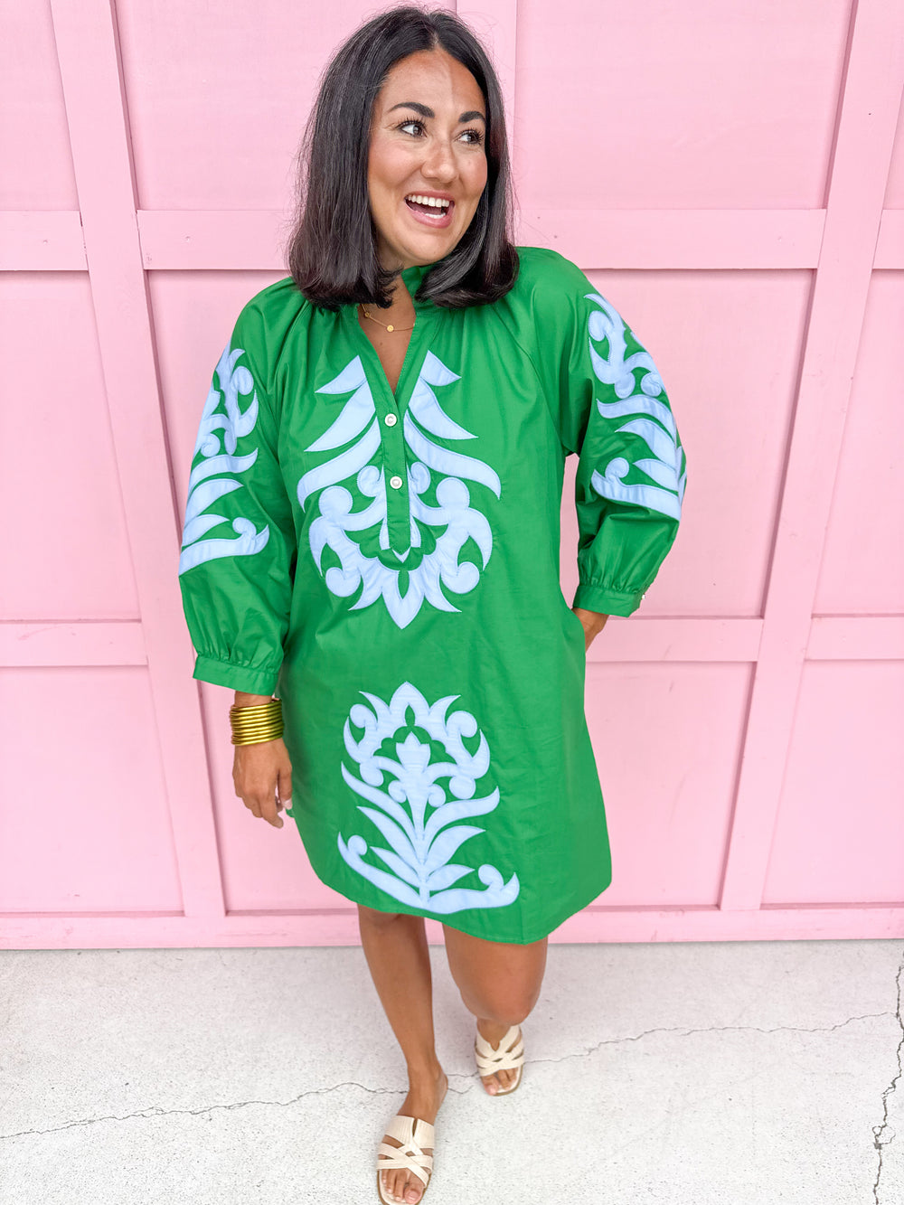 Jincy's Womens Boutique Green Straight Fit Dress with Blue Aplique Embroidery  First Of Fall Collection Jodifl G15266