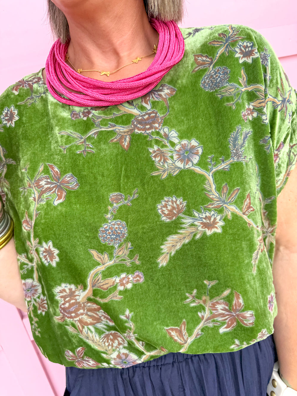 Jincy's Womens Boutique Green Velvet Fall Floral Print Top First Of Fall Collection Umgee WC5523