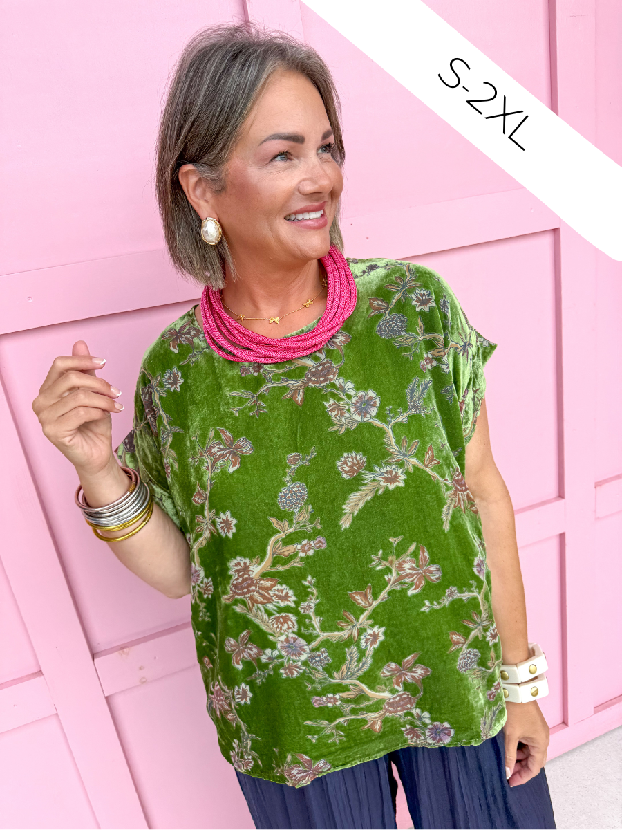 Jincy's Womens Boutique Green Velvet Fall Floral Print Top First Of Fall Collection Umgee WC5523