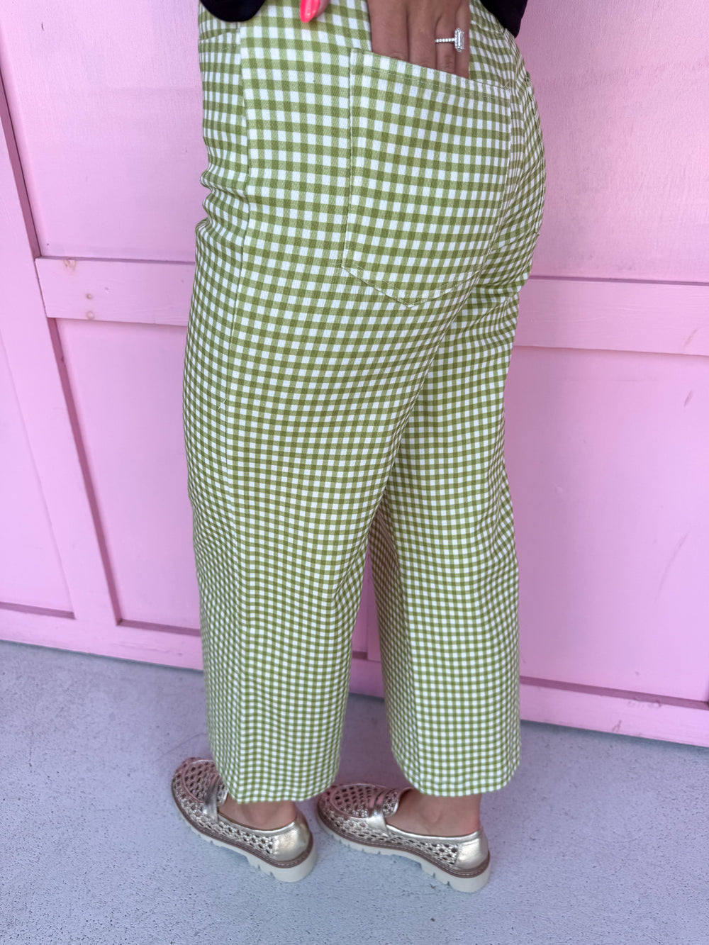 Jincy's Womens Boutique Green & White Gingham Pants Everyday Wear Chic Chartreuse Collection Entro P30616