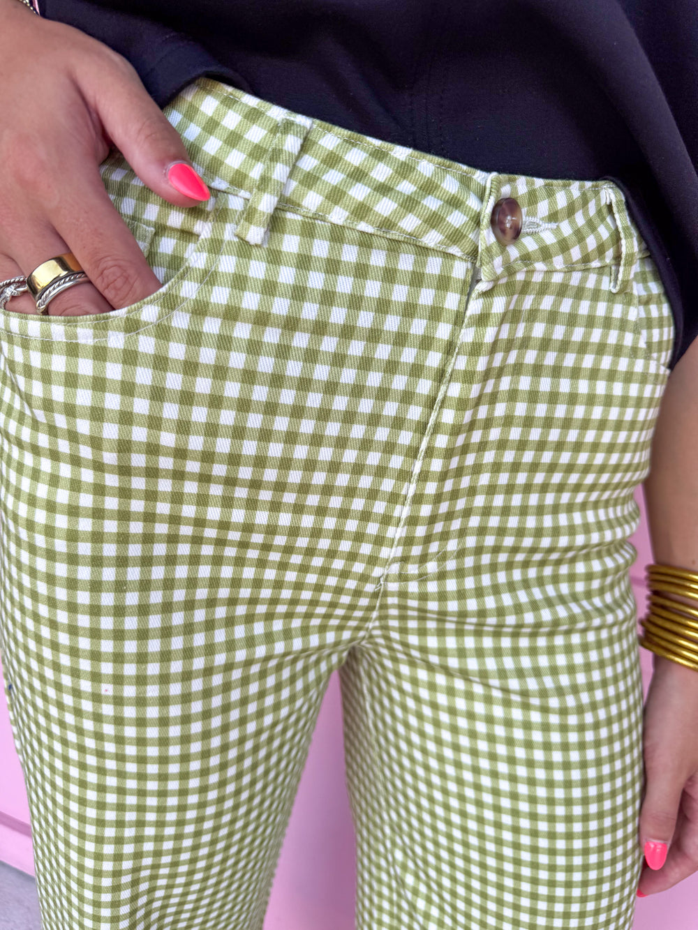 Jincy's Womens Boutique Green & White Gingham Pants Everyday Wear Chic Chartreuse Collection Entro P30616