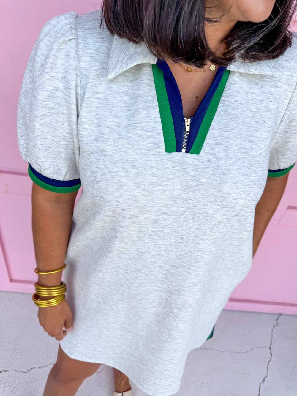 Jincy's Womens Boutique Heathered Gray Collared Scuba Like Material With Contrast Green & Navy Trim Everyday Wear First Of Fall Collection Umgee C6132