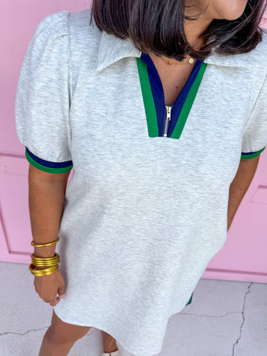 Jincy's Womens Boutique Heathered Gray Collared Scuba Like Material With Contrast Green & Navy Trim Everyday Wear First Of Fall Collection Umgee C6132
