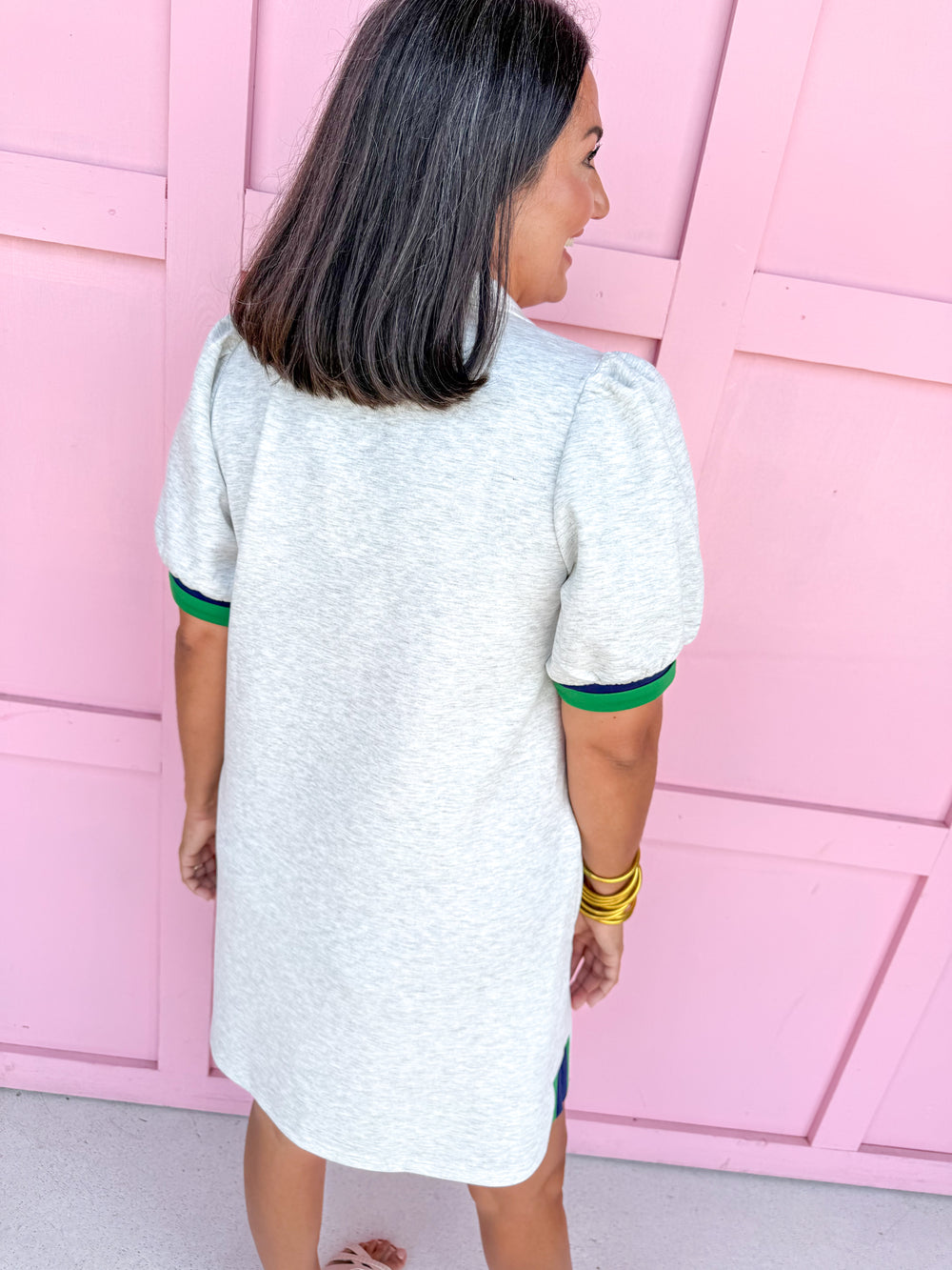 Jincy's Womens Boutique Heathered Gray Collared Scuba Like Material With Contrast Green & Navy Trim Everyday Wear First Of Fall Collection Umgee C6132