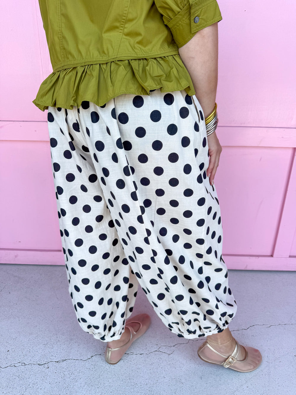 Jincy's Womens Boutique Ivory Black Polka Dot Balloon Style Pants Everyday Wear Chic Chartreuse Collection Bibi IB1883H-11