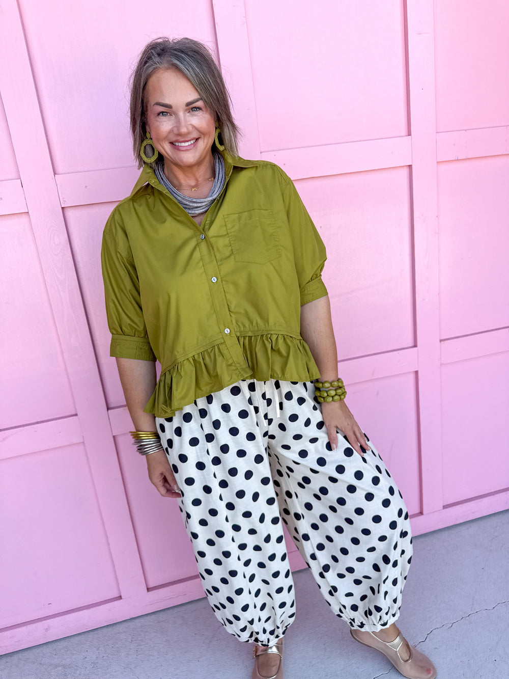 Jincy's Womens Boutique Ivory Black Polka Dot Balloon Style Pants Everyday Wear Chic Chartreuse Collection Bibi IB1883H-11