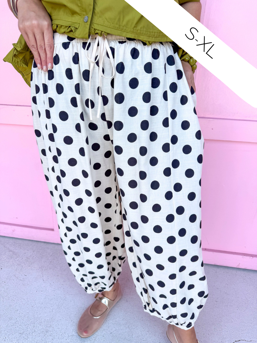 Jincy's Womens Boutique Ivory Black Polka Dot Balloon Style Pants Everyday Wear Chic Chartreuse Collection Bibi IB1883H-11