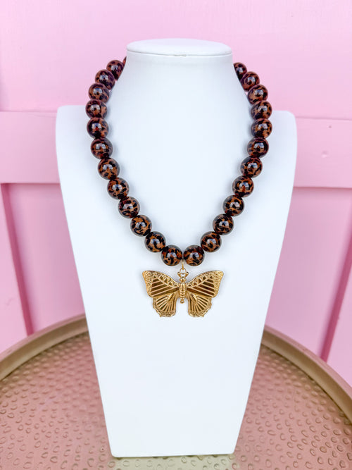 Jincy's Womens Boutique Leopard Acrylic Beaded Necklace Oversized Butterfly Charm LOVE LEMON LANE