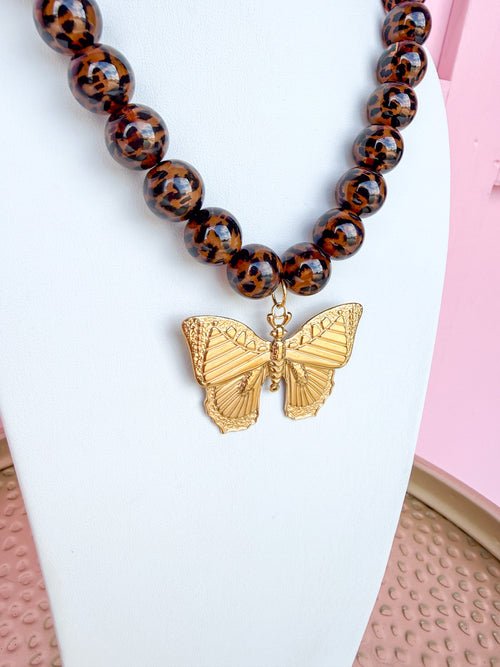 Jincy's Womens Boutique Leopard Acrylic Beaded Necklace Oversized Butterfly Charm LOVE LEMON LANE